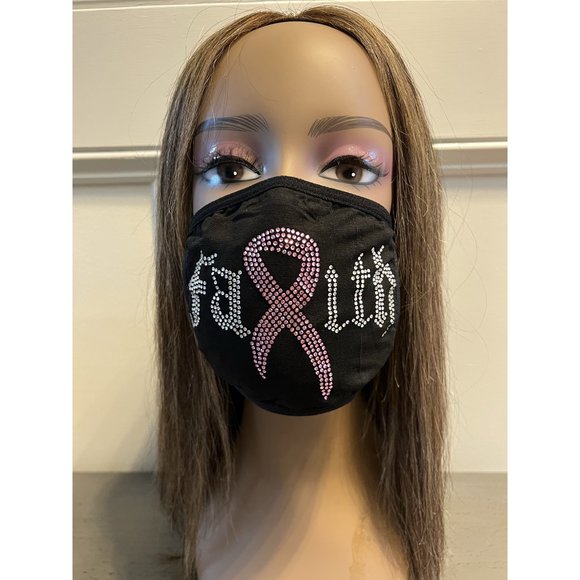 Breast Cancer Awareness Pink Ribbon Bling Face Mask Rhinestone - Picture 3 of 10